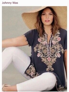 Johnny Was Talum Tunic Embroidered with Pink and Yellow Accents EUC